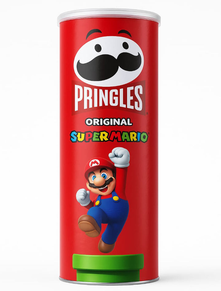 Pringles can with Super Mario design on a white background