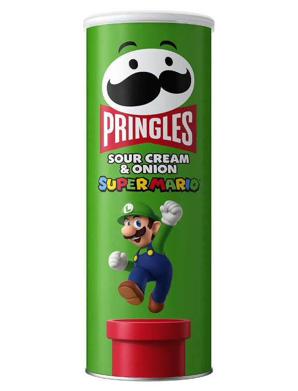 Pringles Sour Cream & Onion flavor canister featuring Super Mario design on a green background