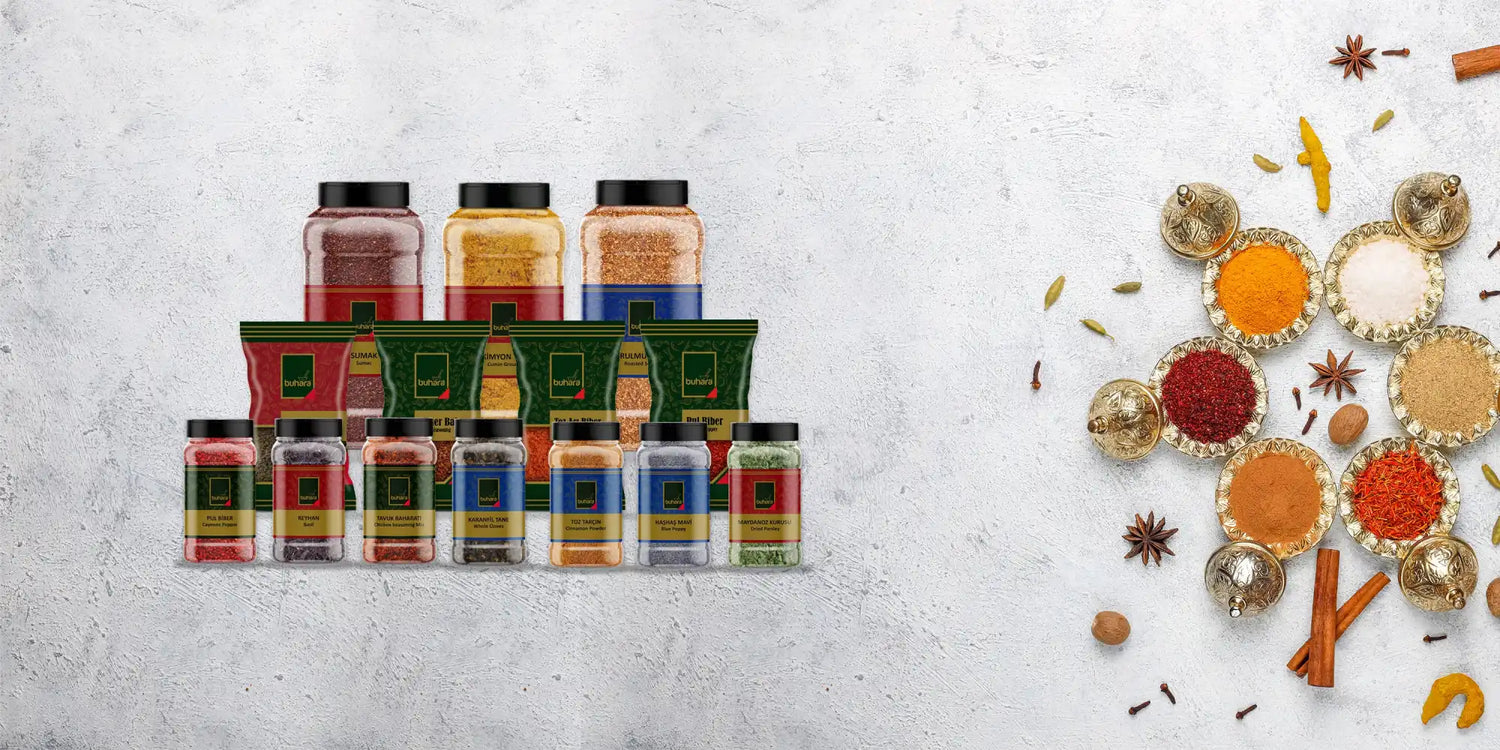 Assorted spices and spice containers.